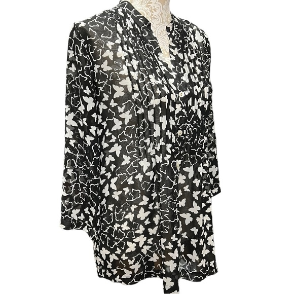 Charter Club Top Butterfly Black White Sheer Button-Front Blouse Women's M - Picture 5 of 12
